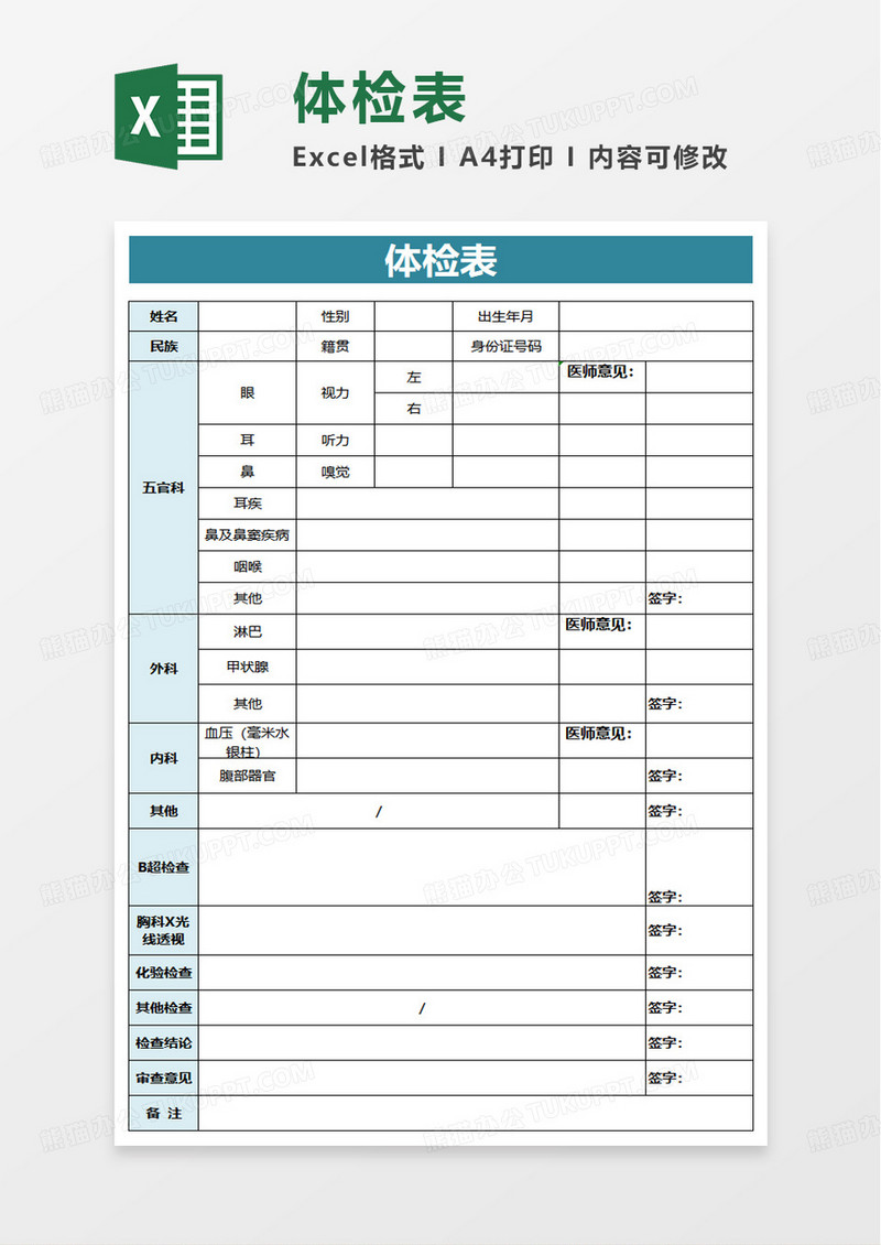 个人体检表excel模板