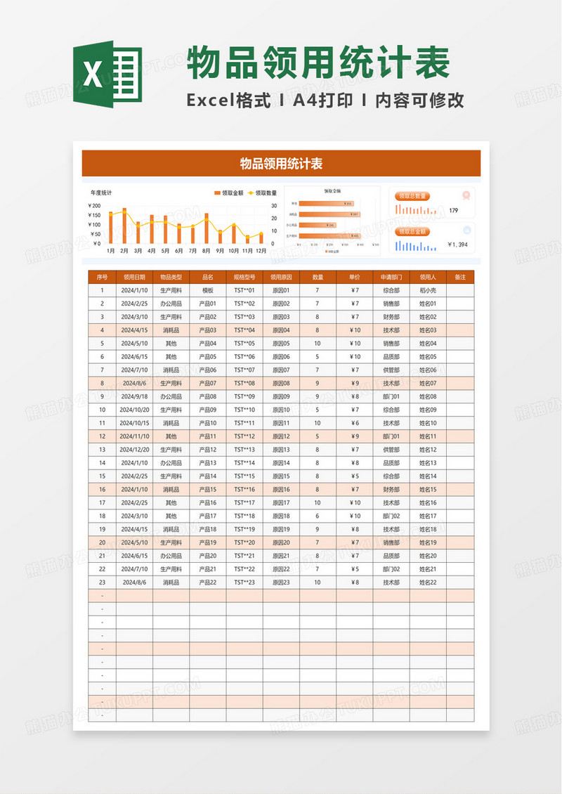 简单物品领用统计表excel模板