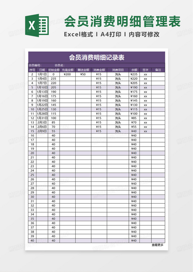 会员消费明细管理表excel模板
