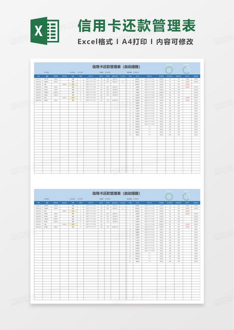 自动提醒信用卡还款管理表excel模板