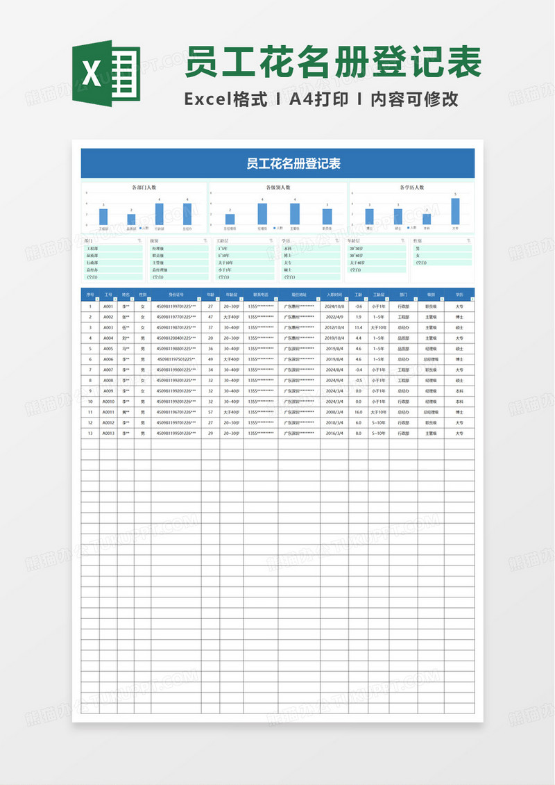 简洁实用员工花名册excel模版