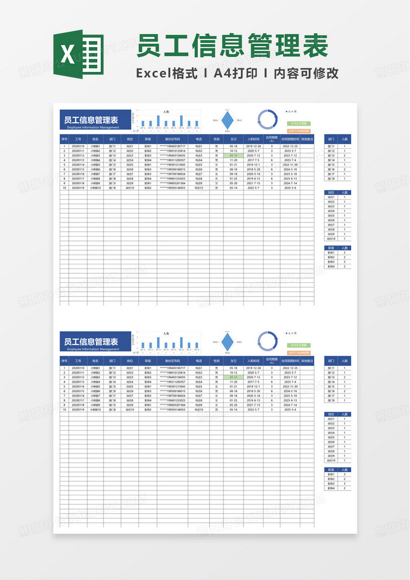 员工信息管理表（员工花名册）excel模版