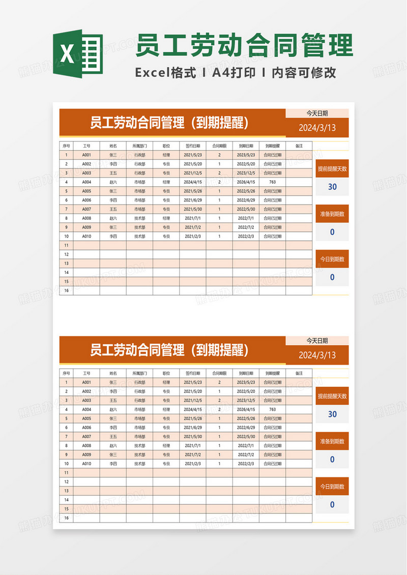 员工劳动合同管理到期提醒excel模版