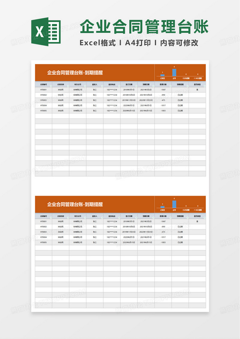 企业合同管理台账-到期提醒excel模板