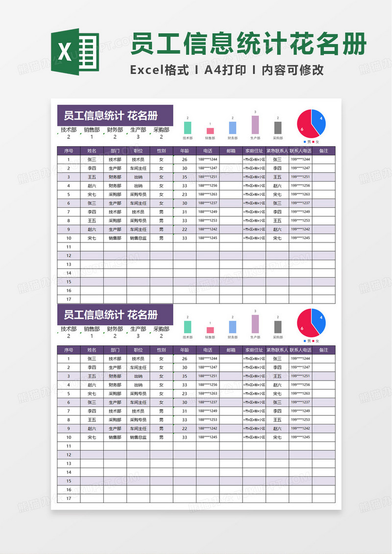 员工信息统计 花名册excel模板