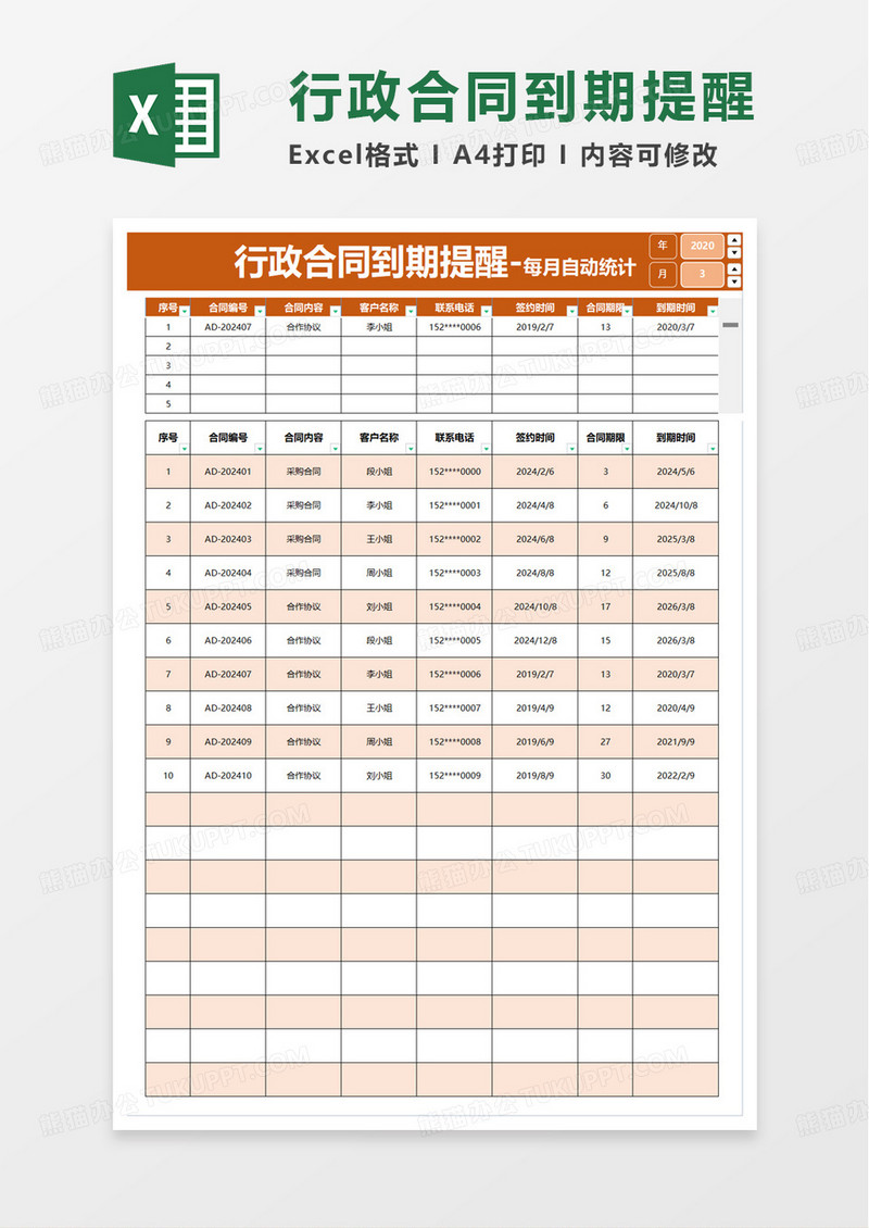 行政合同到期提醒excel模板