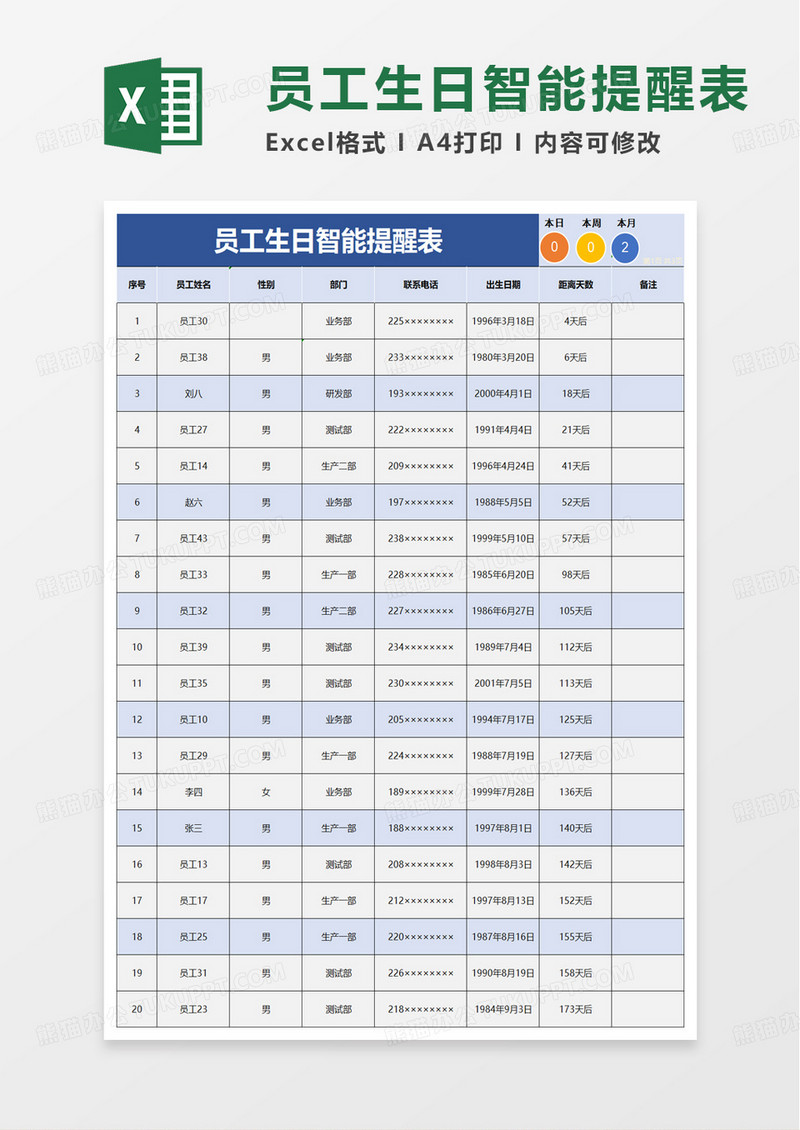 员工生日智能提醒表excel模板