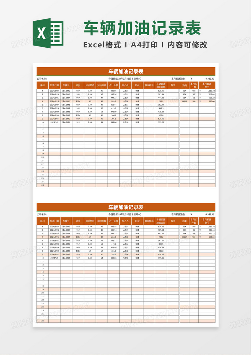 实用车辆加油记录表excel模板