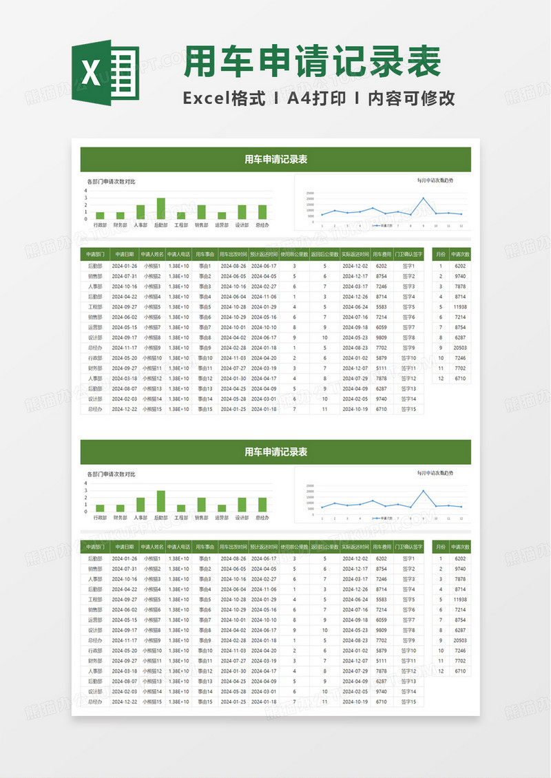 用车申请记录表excel模板