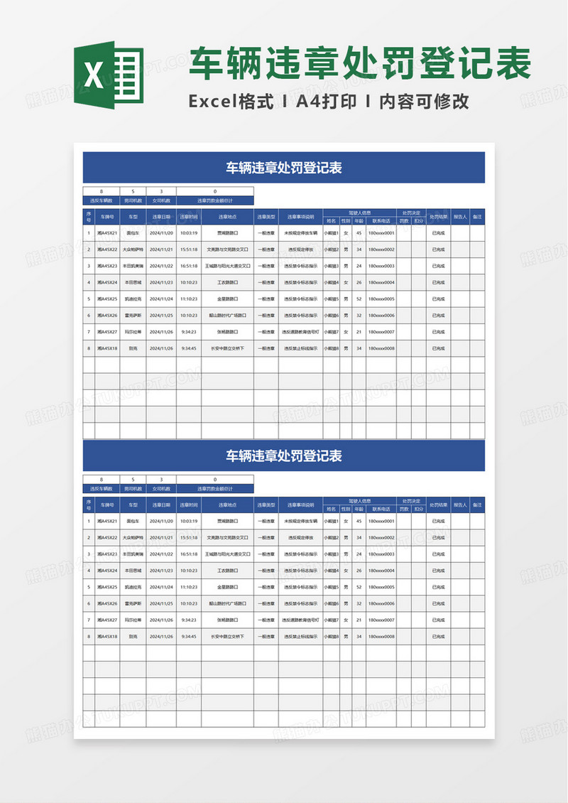 车辆违章处罚登记表excel模板
