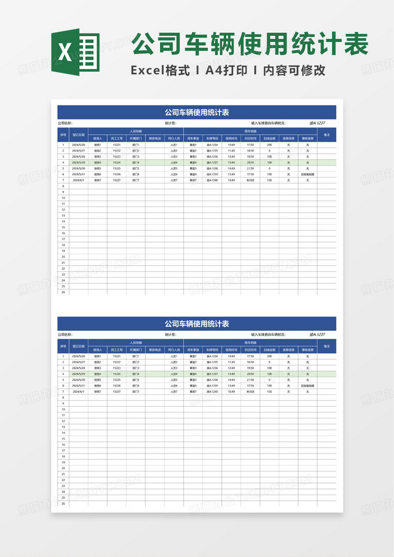公司车辆使用统计表excel模板