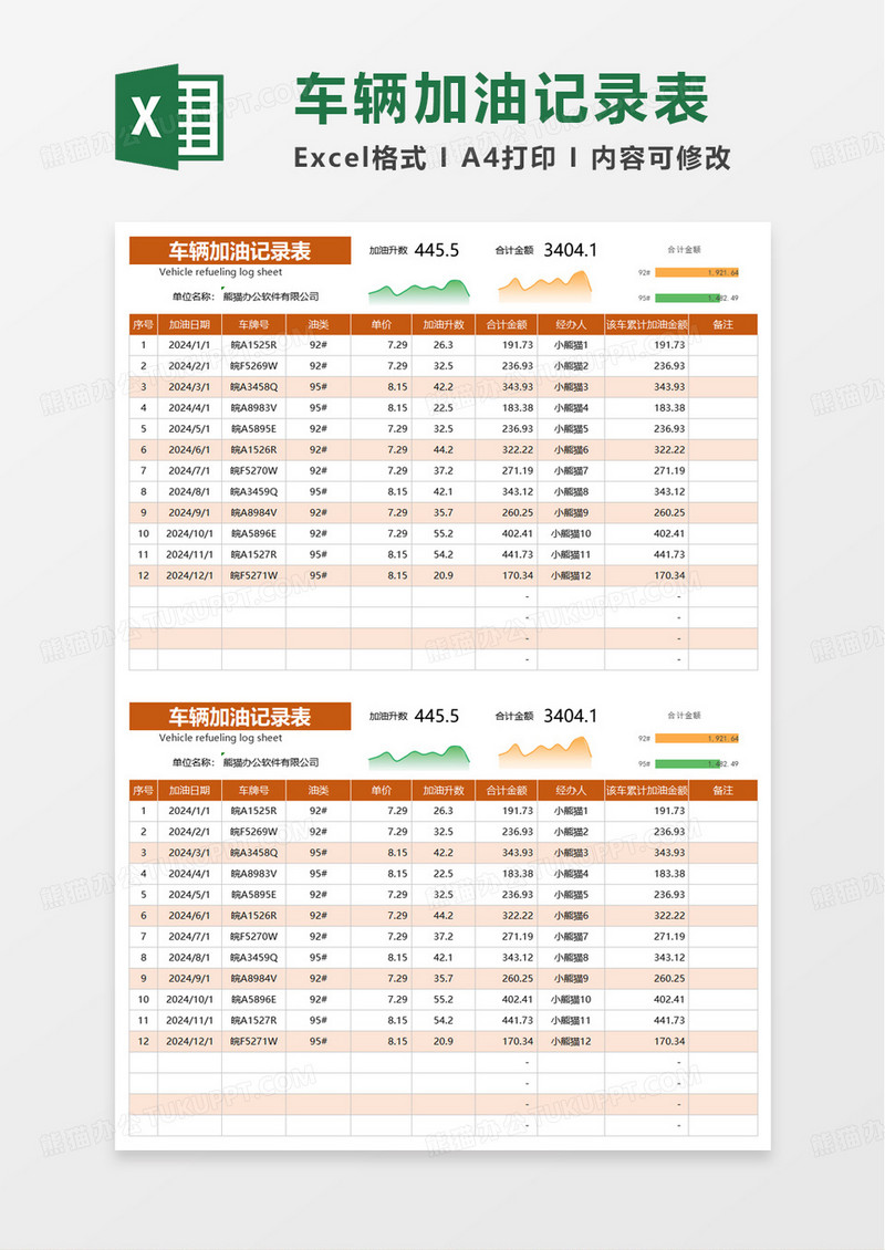 简洁商务风车辆加油记录表excel模板