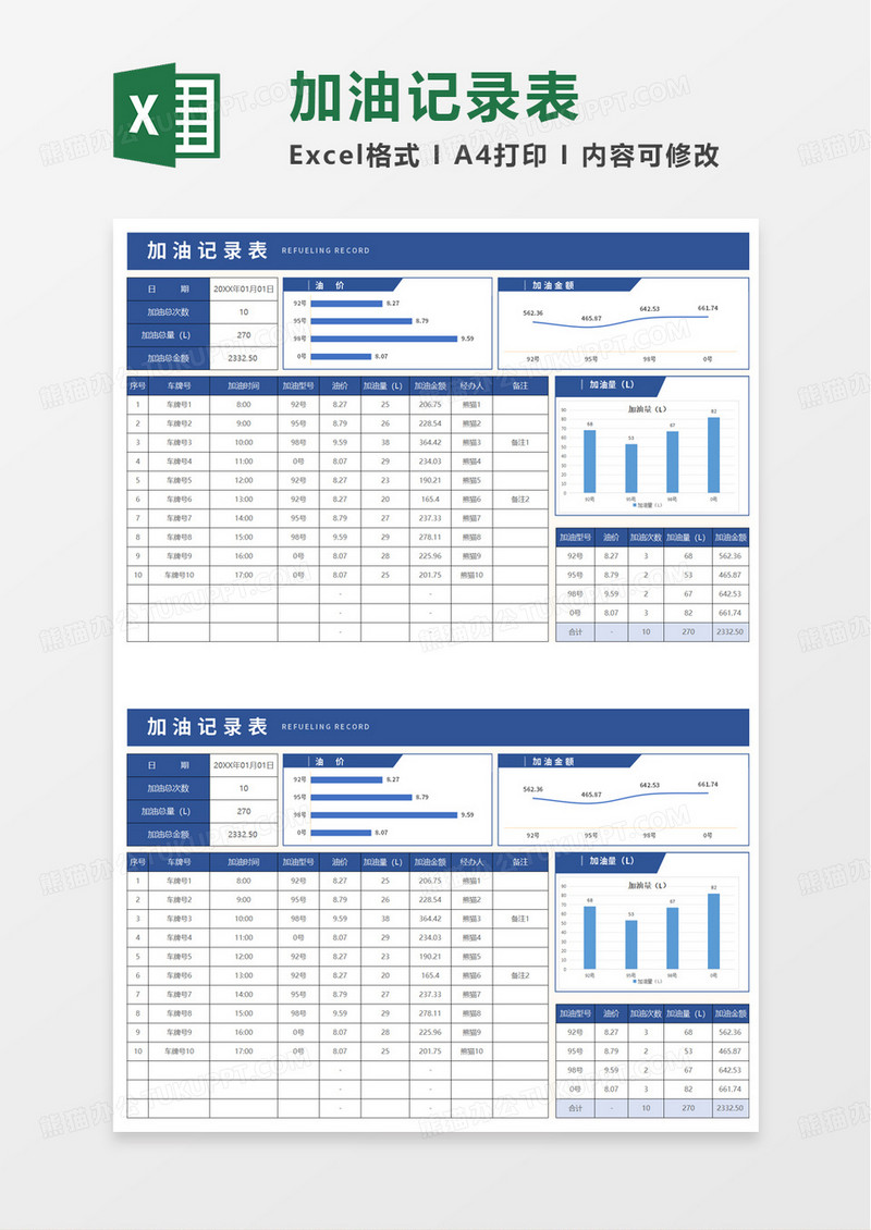 蓝色商务风加油记录表excel模板