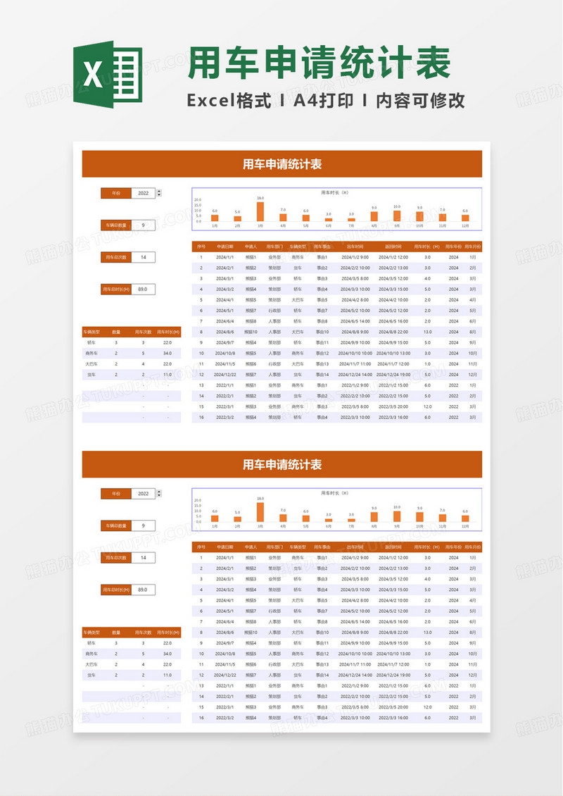 蓝色简约公司用车申请统计表excel模版