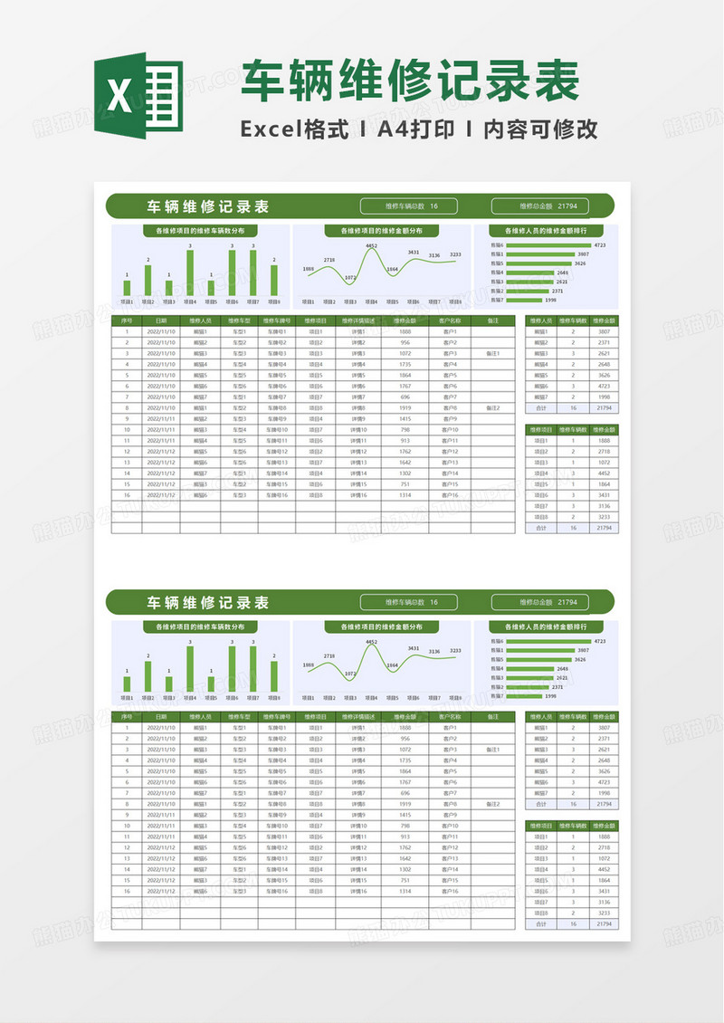 车辆维修记录表excel模版