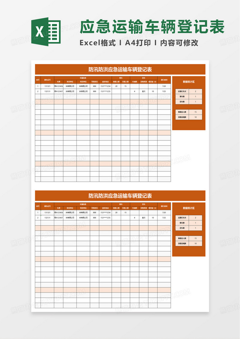 应急运输车辆登记表（自动统计）excel模版