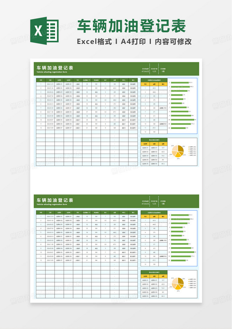 蓝色商务风车辆加油记录excel模版