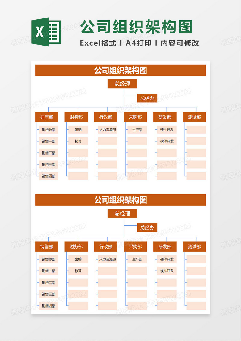 橙色简洁公司组织架构图excel模板