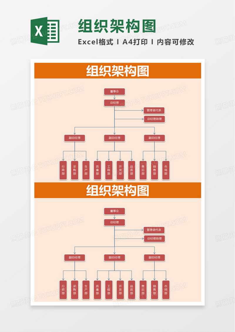 橙色简洁通用组织架构图excel模板