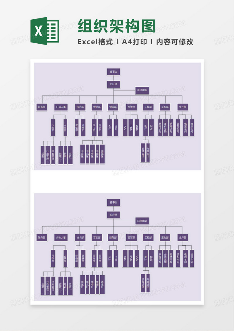 紫色简洁实用组织架构图excel模板