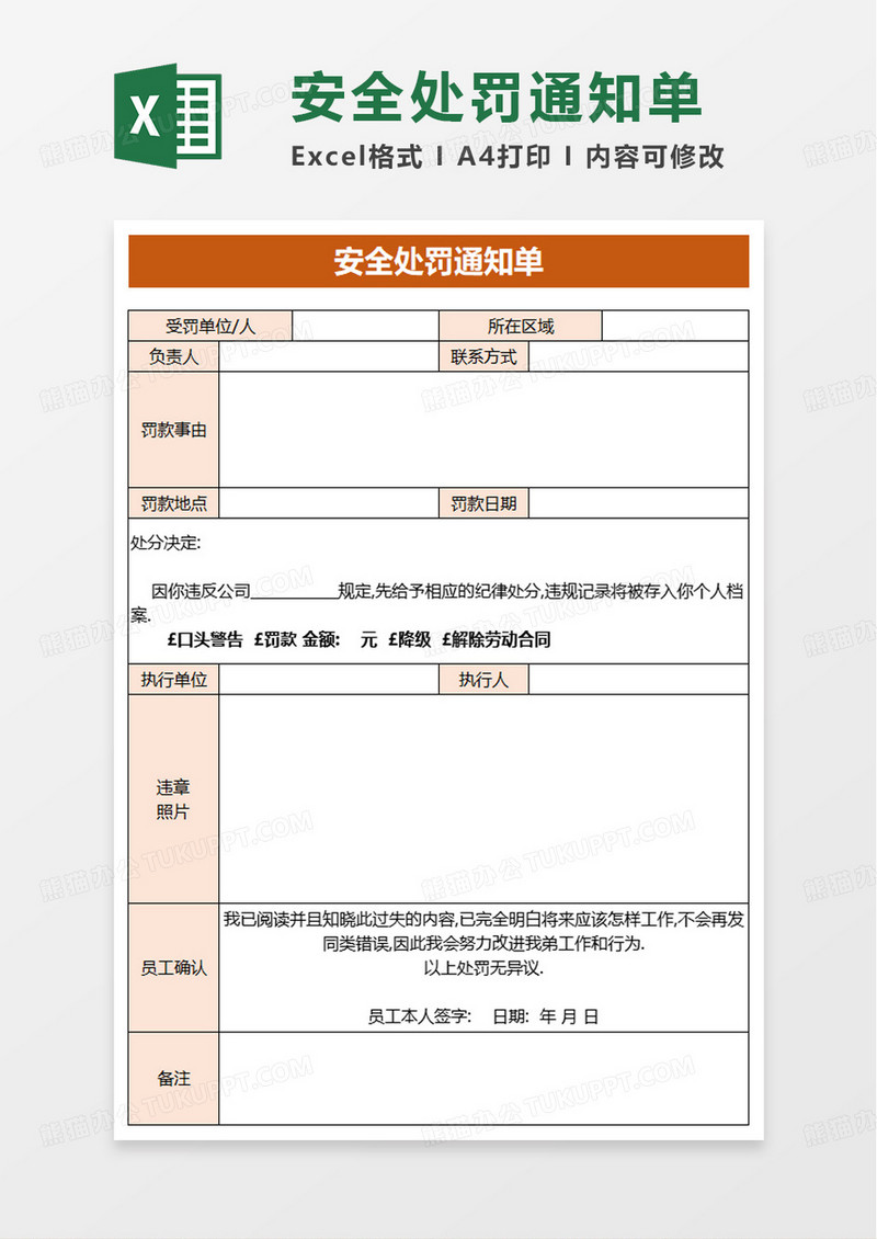 安全处罚通知单excel模板