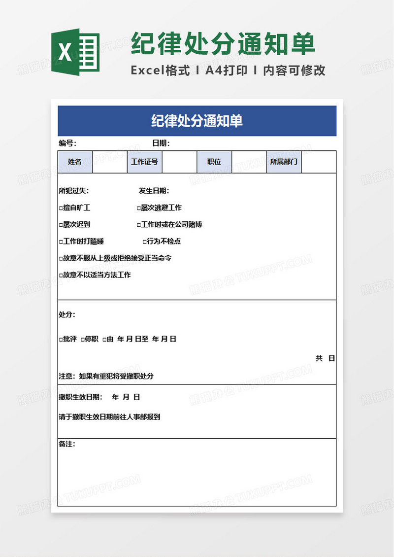 纪律处分通知单excel模板