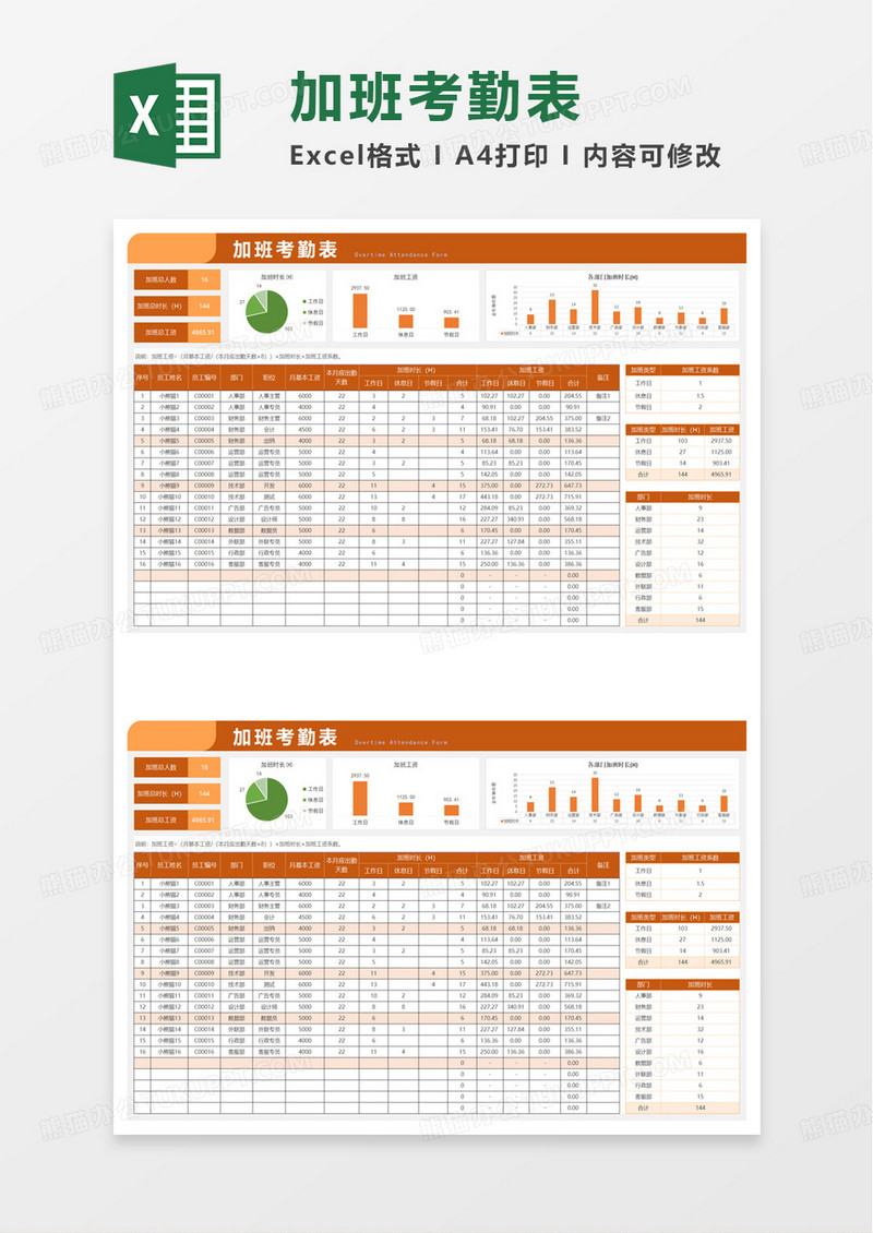 自动统计月度加班考勤表excel模板