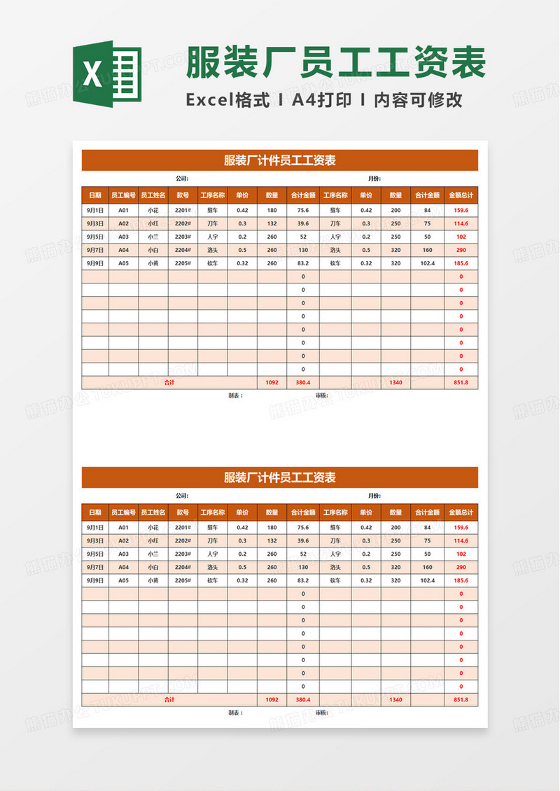 服装厂计件员工工资表自动计算excel模板