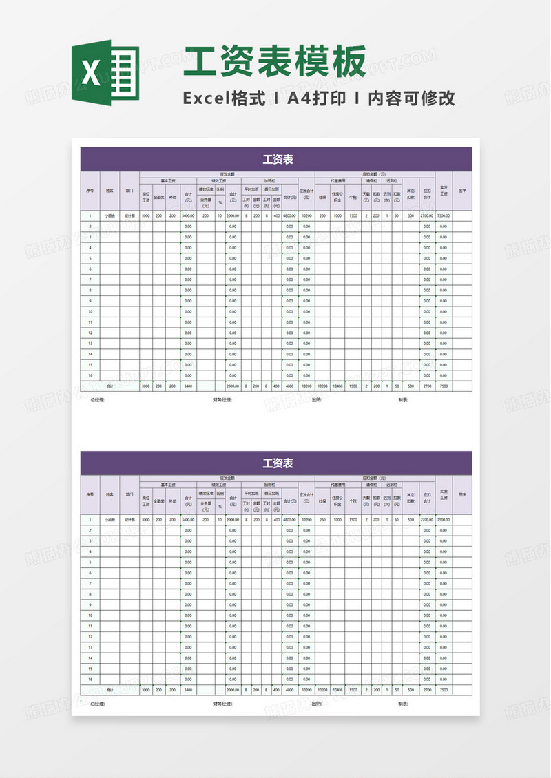 简洁通用通用工资表自动计算excel模板