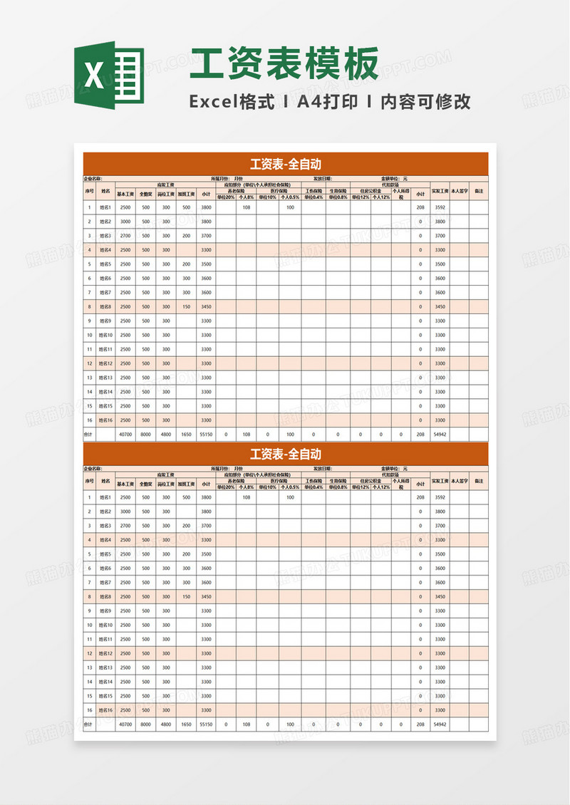 工资表-全自动人事表格模板excel模板