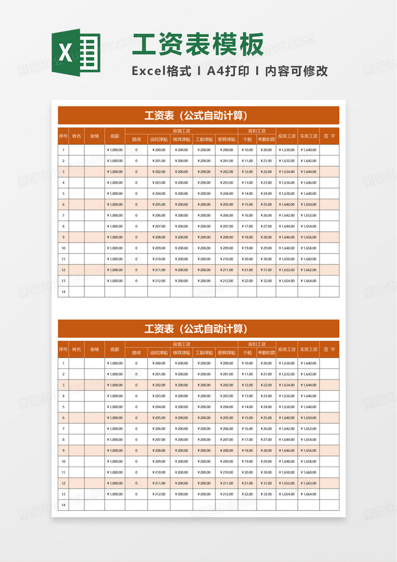 橙色工资表公式自动计算excel模板