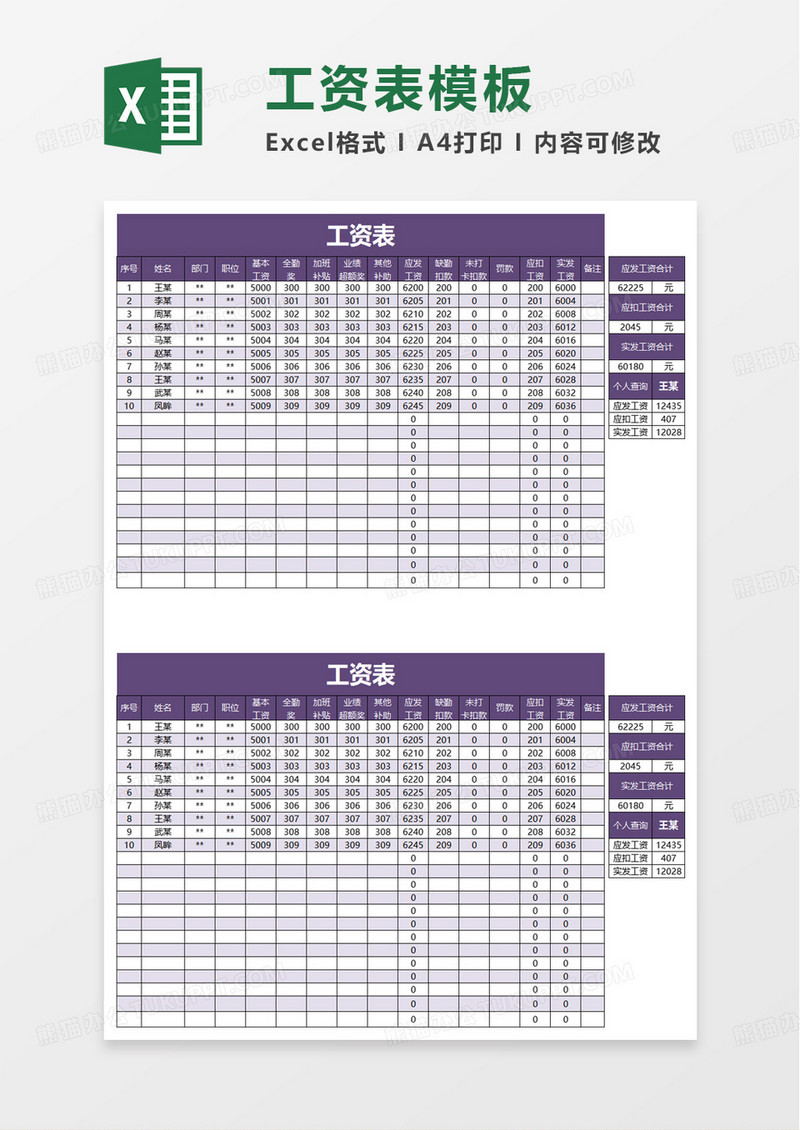 工资表全自动可查询excel模板