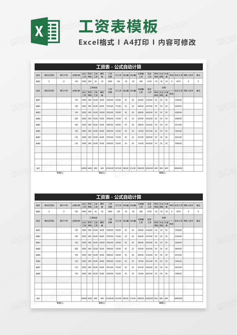 简约工资表公式自动计算excel模板