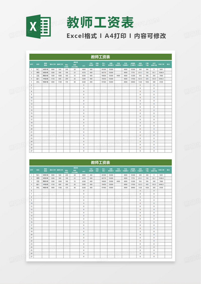 教师工资表自动统计excel模板