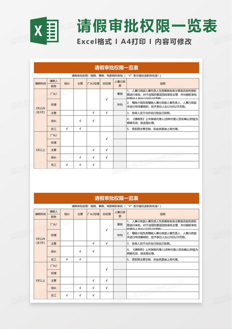 请假审批权限一览表excel模板