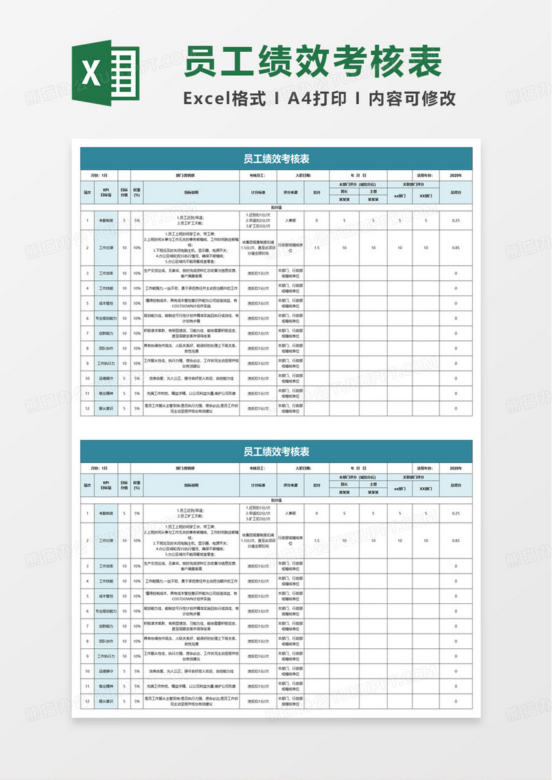 简洁通用员工绩效考核表excel模版