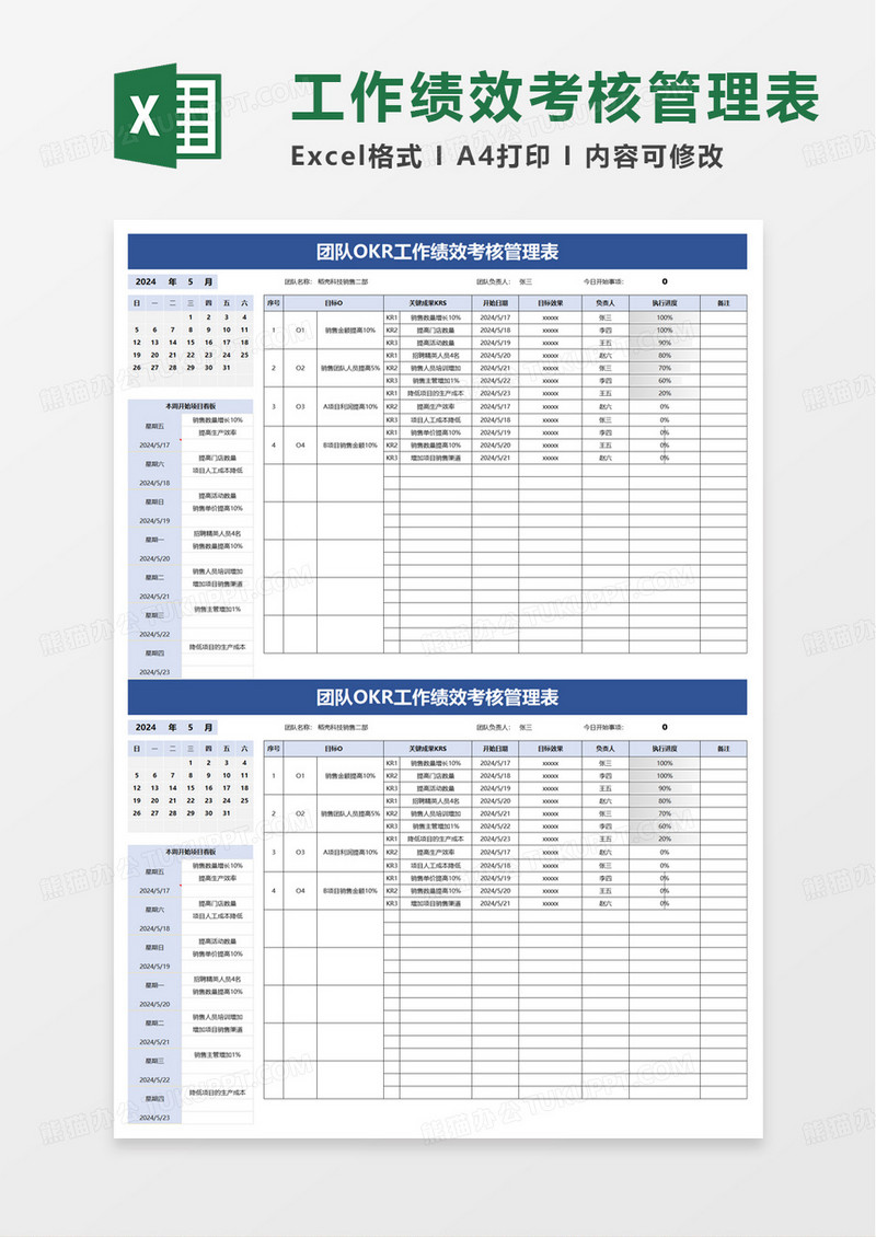 团队OKR工作绩效考核表excel模版