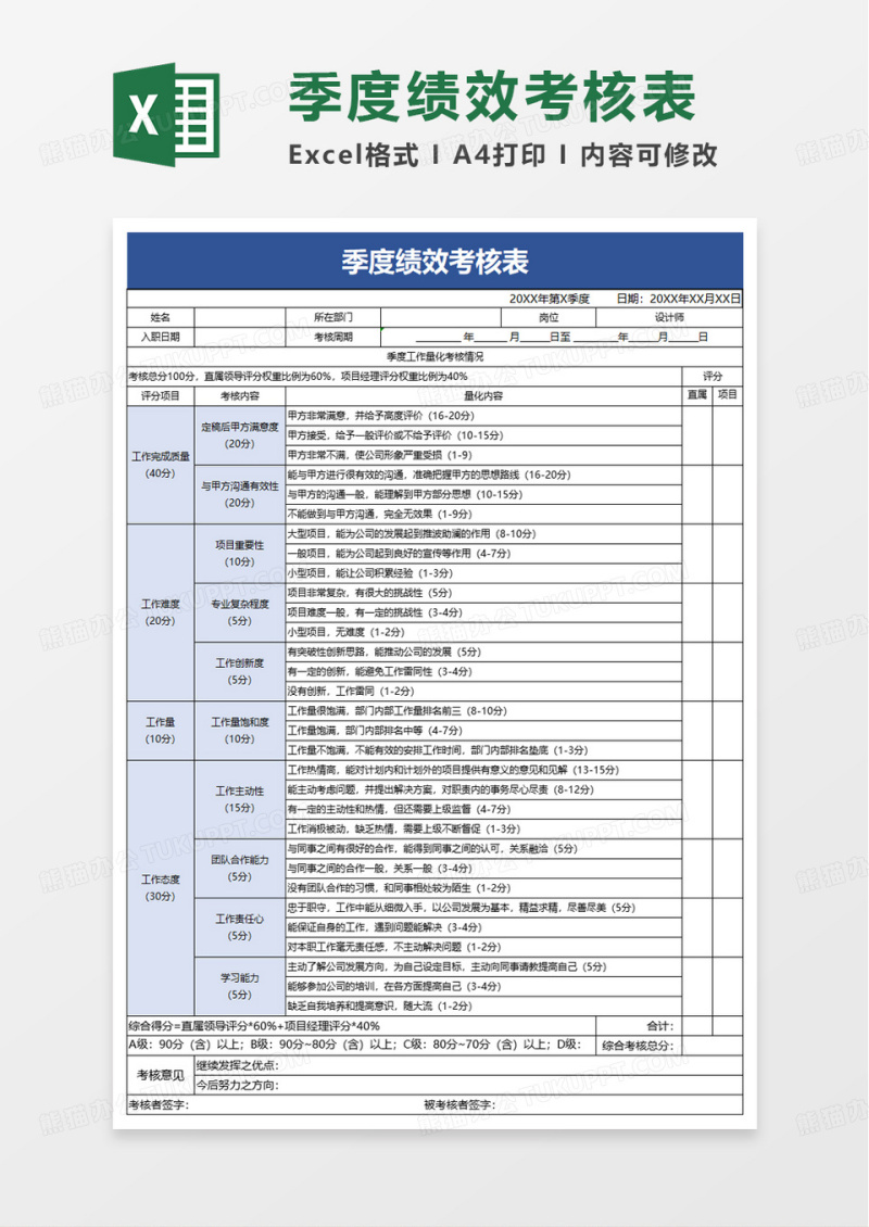 设计师绩效考核表excel模版