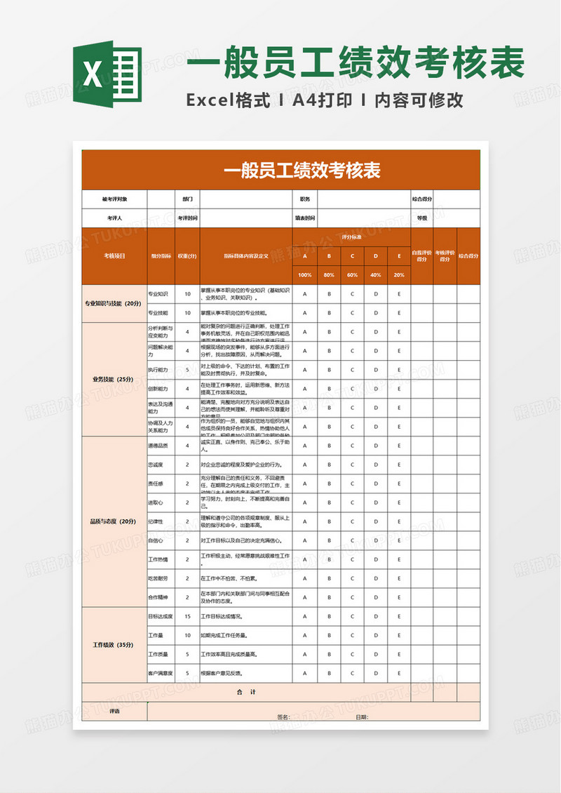 简洁实用员工绩效考核表excel模版