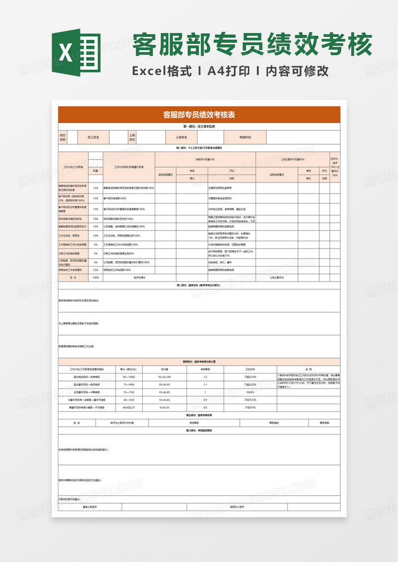 橙色简洁绩效考核表excel模版