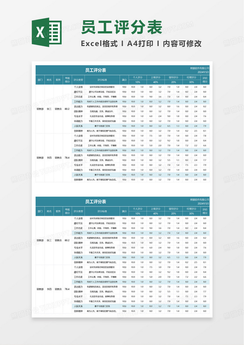 员工评分表excel模板