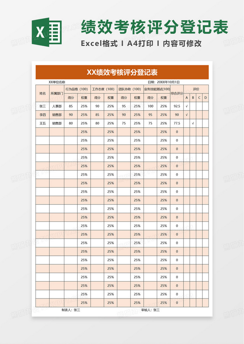 绩效考核评分登记表excel模板