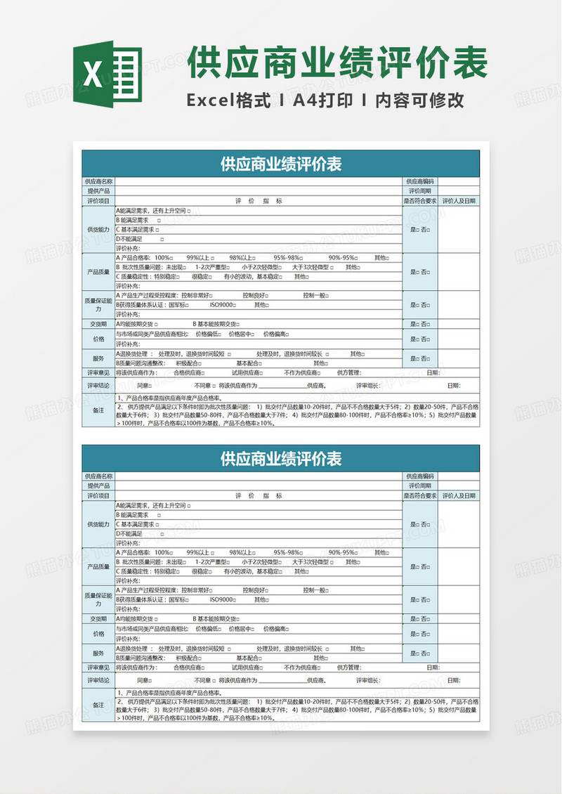 合作供应商业绩评价表excel模板