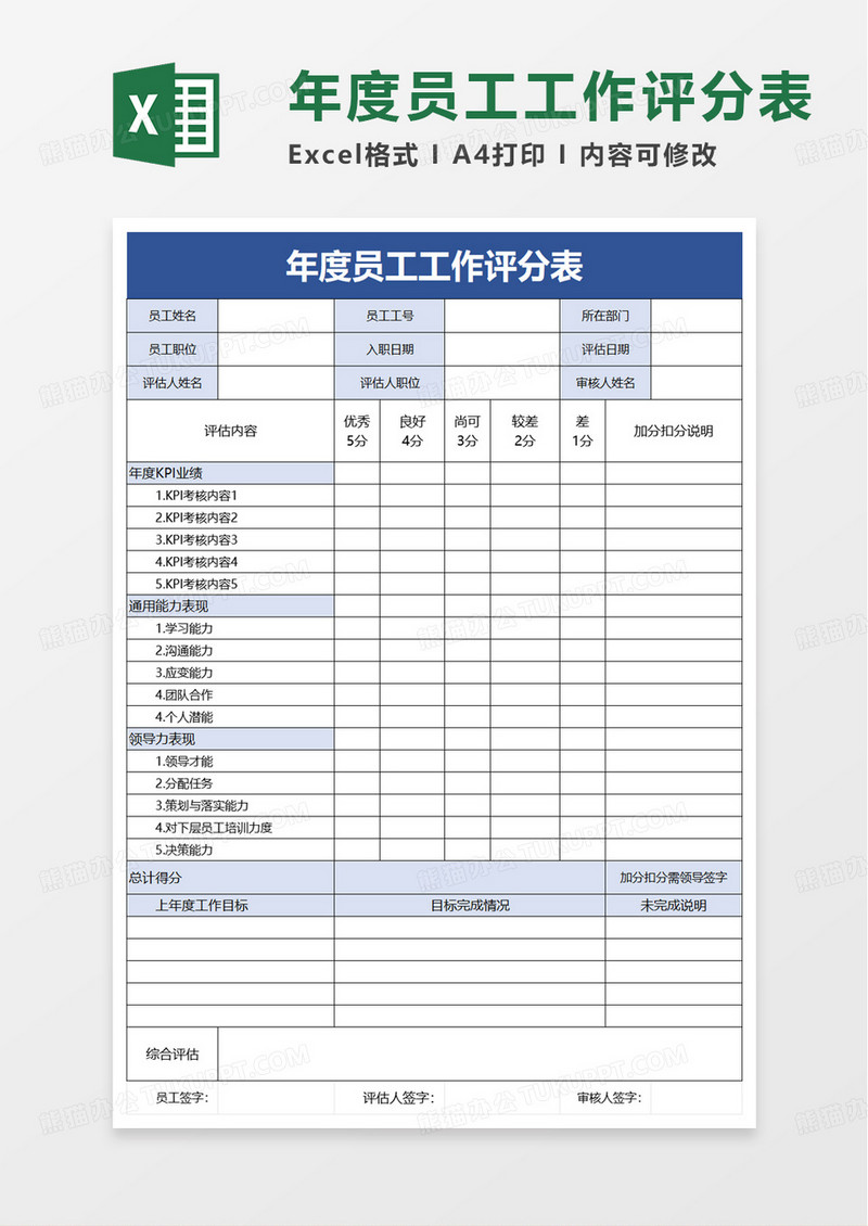 年度员工工作评分表excel模板