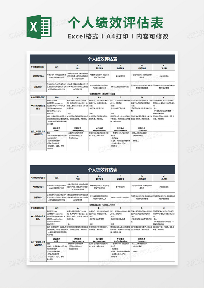 通用蓝色个人绩效评估表excel模板