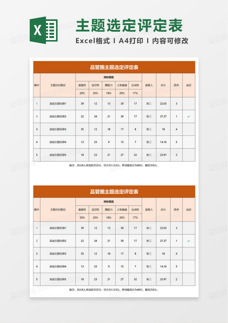 品管圈主题选定评分表excel模板