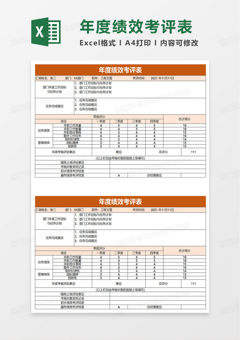 年度绩效考评表excel模板