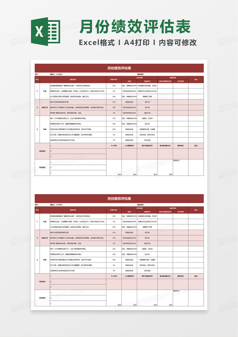 通用个人绩效评估表excel模板