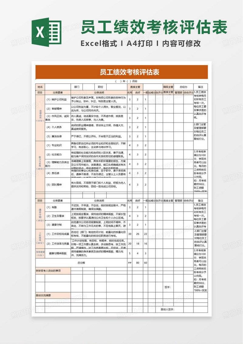 简洁员工绩效考核评估表excel模板