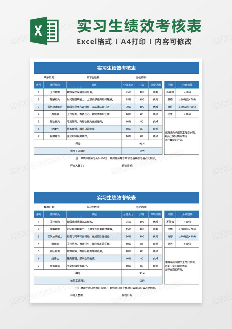 实习生绩效考核表自动评级excel模板